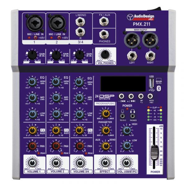 Audio Design Pro pmx.211 mixer professionale 2+1+1 canali - usb/bt